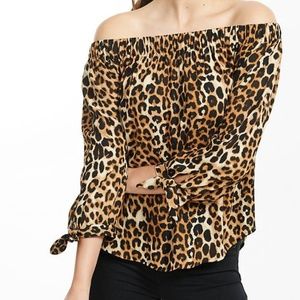 Express off the shoulder tie sleeve, leopard print